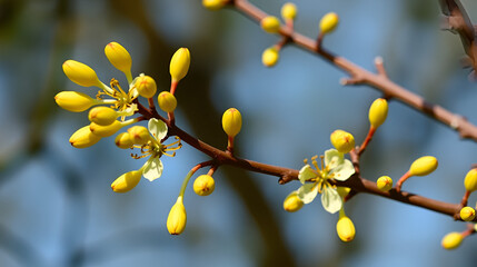 Yellow buds and flowers on the branches of the goof angustifolia