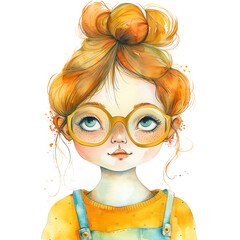 Young girl with orange hair and glasses expressing curiosity against a transparent background