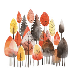 Colorful autumn forest illustration with a variety of trees showcasing vibrant leaves on a transparent background
