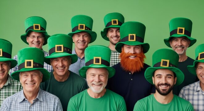 Many men in green hats smiling isolated on a green screen. Cheerful group portrait for St Patrick's Day celebration.