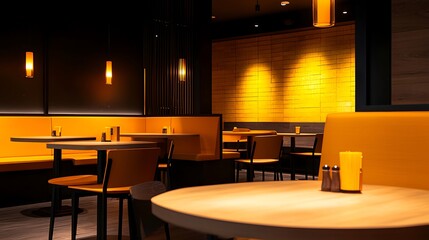 Modern restaurant interior with warm lighting and comfortable seating arrangements