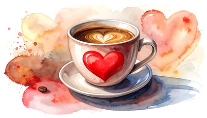 Watercolor illustration of a coffee cup with heart design
