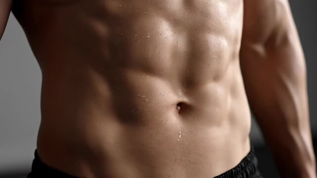 Close-up of Shirtless Man's Athletic Midsection Showing Defined Abdominal Muscles After Workout