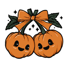 Cute cartoon pumpkins with smiling faces and a bow, perfect for autumn celebrations and seasonal decorations