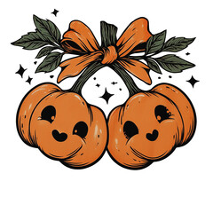 Halloween design of two cheerful pumpkins with a bow and leaves on a transparent background for festive decoration