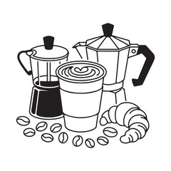 Classic Coffee Maker and Cup Vector Line Art Doodle