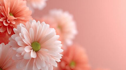 Close Up Pink Chrysanthemum Flowers with Delicate Petals and Green Center on Gradient Pink Background Minimalist and Elegant Style
