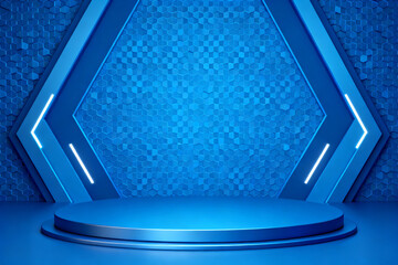 Blue futuristic stage with hexagonal design and illuminated panels