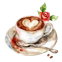 Coffee cup with heart latte art and rose on transparent background ideal for cafe and beverage designs