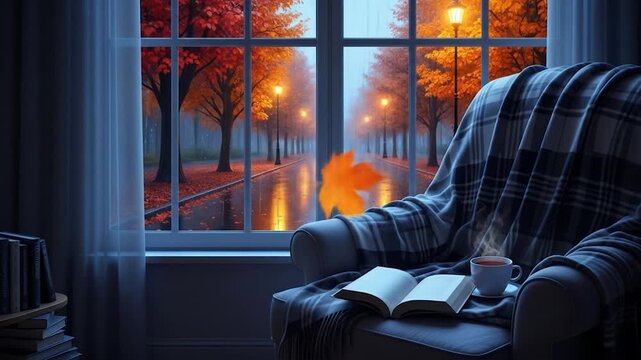 Autumnal indoor scene with cozy chair open book and window view