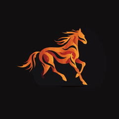 Stylized orange horse illustration with black background and flame-like geometric patterns
