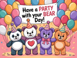 Fototapeta premium Four adorable cartoon bears wearing party hats celebrate a special bear day with balloons