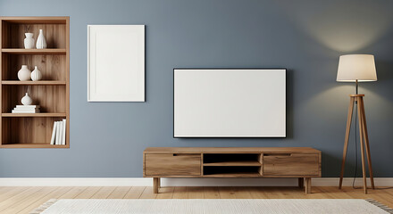 Modern living room interior with flat screen tv and bookshelf displaying home decor