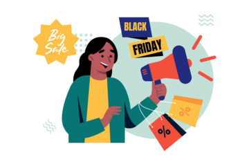 Enthusiastic Woman Promoting Black Friday Sale with Megaphone and Percentage Signs on Transparent Background Promotional Illustration