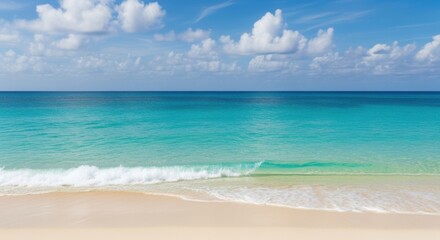 Vibrant tropical beach scene with turquoise water and white sandy shoreline under a blue sky
