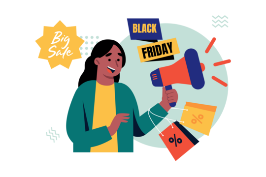 Enthusiastic Woman Promoting Black Friday Sale with Megaphone and Percentage Signs on Transparent Background Promotional Illustration - Powered by Adobe