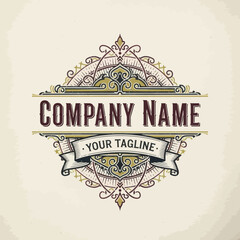 Ornate Company Logo Template with Distressed Text and Decorative Banner, Flat Vector Elements, Vector Illustration, Simple Vector, Stylized Vector Drawing, Vector Template, Clean Vector Style,