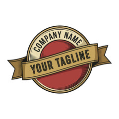 Obraz premium Retro Style Company Logo Emblem Template with Customizable Ribbon Banner and Red Circle on White Background, Flat Vector Elements, Vector Illustration, Simple Vector, Stylized Vector Drawing, Vector