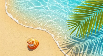 Obraz premium Tropical beach paradise gentle waves palm frond shell sand sunny day ocean view