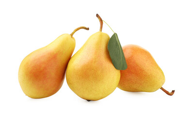 Fresh ripe pears with green leaf isolated on white