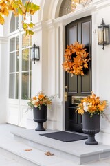 Fototapeta premium Front door decorated for autumn with wreath and planters