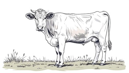 Detailed line drawing of a white cow standing in a field