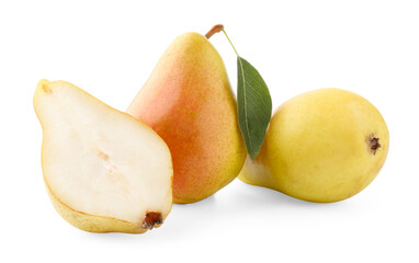 Whole and cut pears with green leaf isolated on white