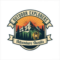 Outdoor Adventure Emblem: Mountain Landscape with Pine Forest, Sunburst, Birds, and Lantern Illustration on White Background, Flat Vector Elements, Vector Illustration, Simple Vector, Stylized Vector