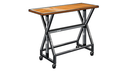 Cartoon illustration of a wooden and metal rolling work table isolated