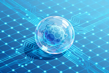 Transparent sphere with gear-like structure on a blue circuit board background