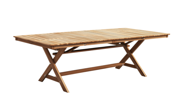 Outdoor wooden dining table patio furniture natural environment elevated viewpoint contemporary design for entertaining guests