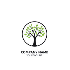 Obraz premium Modern Green Leaf Tree Logo in Black Circle with Company Name Text on White Background, Flat Vector Elements, Vector Illustration, Simple Vector, Stylized Vector Drawing, Vector Template, Clean