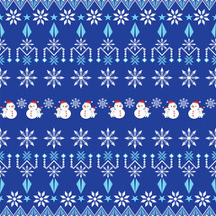 Festive Snowman and Snowflake Pattern, Blue Christmas Holiday Design, Winter Nordic Graphic