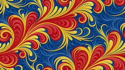 Colorful abstract floral swirl pattern with red yellow and blue design
