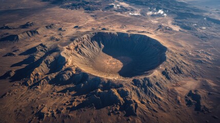 High-altitude view of a large impact crater in a desert landscape
