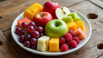 A vibrant assortment of fresh fruit cubes arranged on a rustic wooden table, showcasing a variety of colors and textures