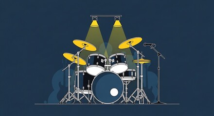 Drum Kit with Spotlights on Dark Blue Background.