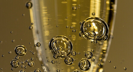 Champagne bubbles rising, macro detail