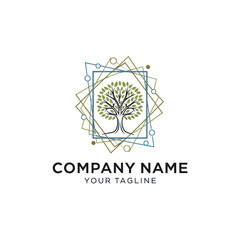 Modern Geometric and Organic Tree Logo Design for Corporate Branding, featuring Green Leaves and Stylized Geometric Shapes on a White Background, Flat Vector Elements, Vector Illustration, Simple
