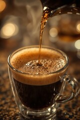 Perfect coffee pour creating rich crema foam in transparent glass mug with golden bokeh background