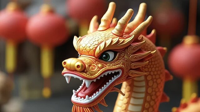 Golden Chinese dragon head with intricate details and traditional lanterns background