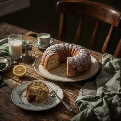 Sliced Bundt Cake with Coffee and Milk on Vintage Wooden Table
