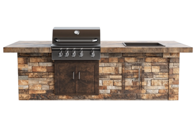 Outdoor stone kitchen island with a built-in stainless gas grill, sink, storage cabinet, and prep countertop.