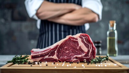 Chef standing proudly beside a prime rib roast