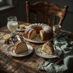 Traditional Bundt Cake Slices with Beverages on Rustic Wooden Table