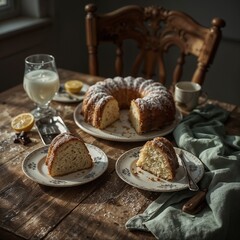 Elegant Bundt Cake Display with Two Slices on Rustic Table Setting