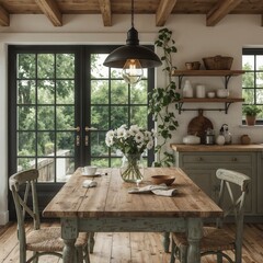 Rustic farmhouse dining room with reclaimed wood table and black French doors