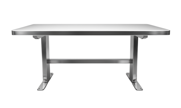 Rectangular stainless steel table with sturdy T-shaped legs and a smooth, durable tabletop for industrial, laboratory, or commercial use.