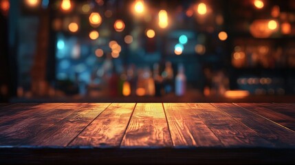 Top of Wood Table with Light Reflection with Abstract Blur Bar or Club in the Dark Night Background, Nightlife and Entertainment.