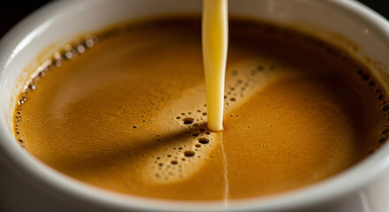 Espresso shot pouring into a cup, macro detail of crema